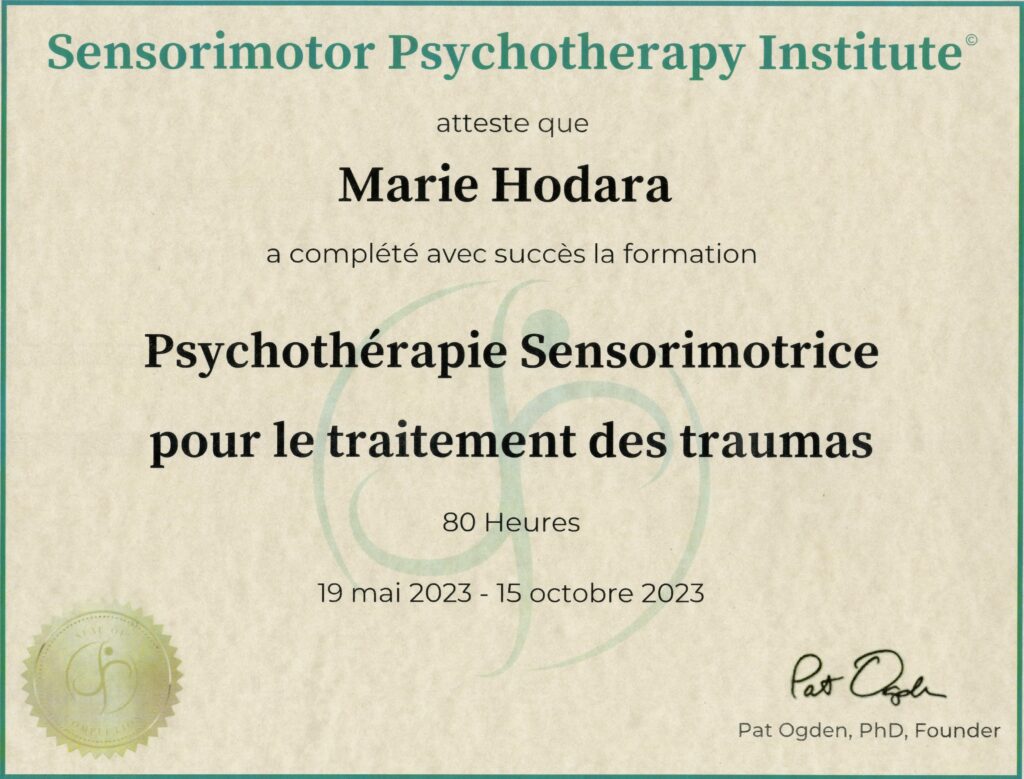 Hodara Marie - Diplome Pyschothérapie Sensorimotrice pour le traitement des traumas